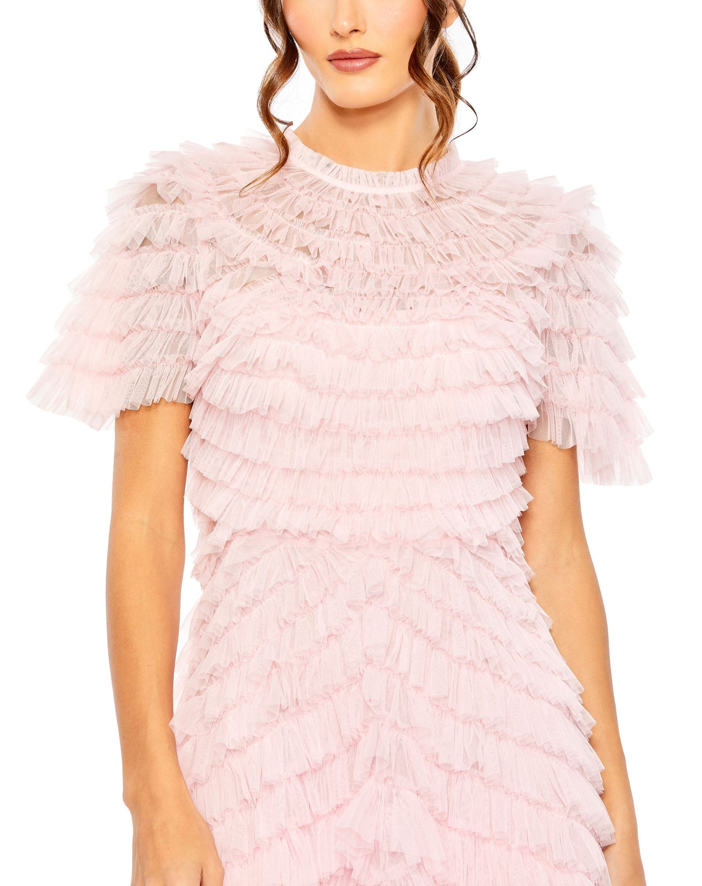 HIGH NECK SHORT SLEEVE TIERED RUFFLE A LINE DRESS