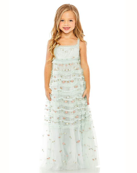 GIRLS SLEEVELESS FLORAL EMBROIDERED TIERED GOWN