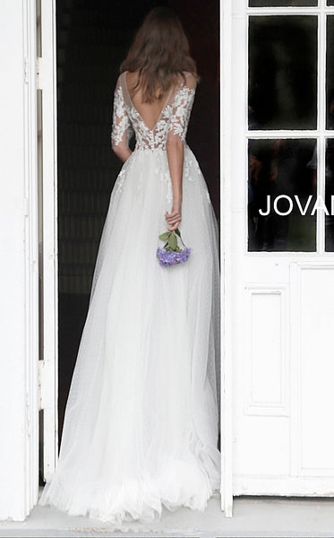 Off White Short Sleeves Embroidered Wedding Gown JB67210 - Elbisny