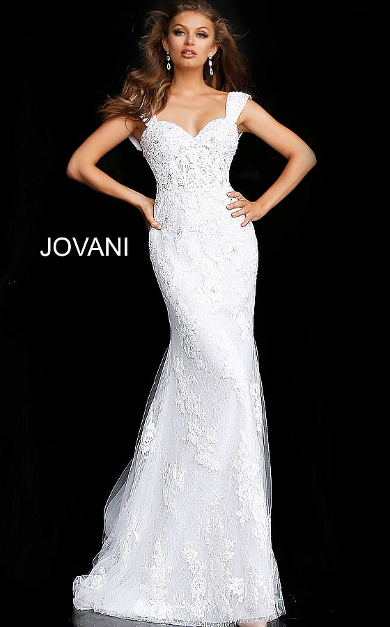 Off White Cap Sleeve Embroidered Wedding Gown JB63169 - Elbisny
