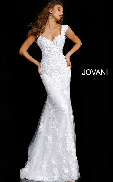 Off White Cap Sleeve Embroidered Wedding Gown JB63169 - Elbisny