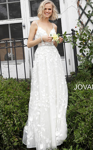 White Spaghetti Straps Floral Wedding Dress JB63363 - Elbisny