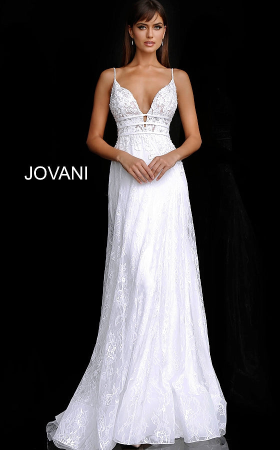 Off White Plunging Neckline Embroidered Wedding Dress JB65931 - Elbisny