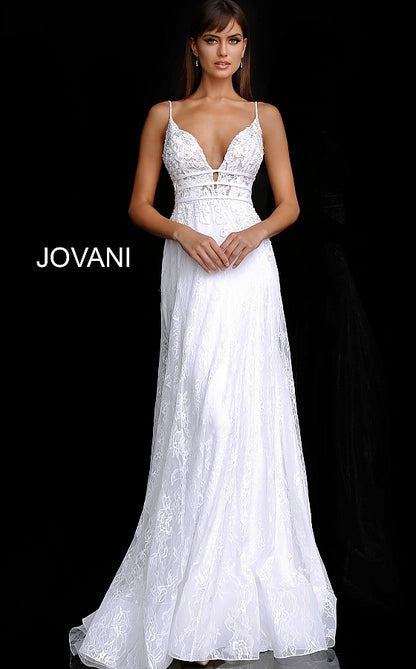 Off White Plunging Neckline Embroidered Wedding Dress JB65931 - Elbisny