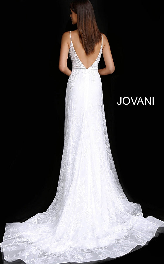 Off White Plunging Neckline Embroidered Wedding Dress JB65931 - Elbisny