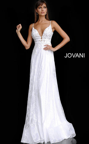 Off White Plunging Neckline Embroidered Wedding Dress JB65931 - Elbisny