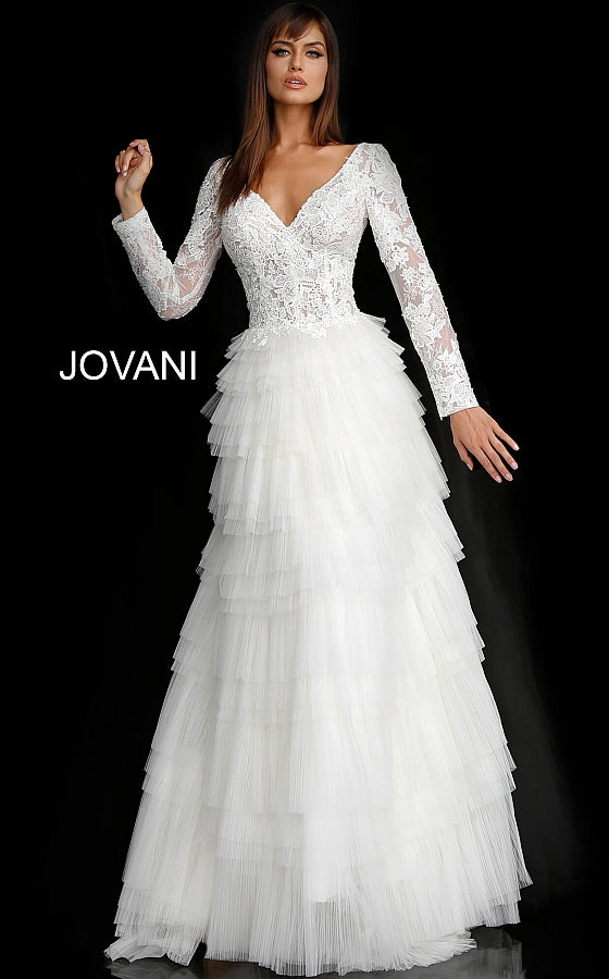 Off White Lace Long Sleeve Bodice Bridal Dress JB65932 - Elbisny