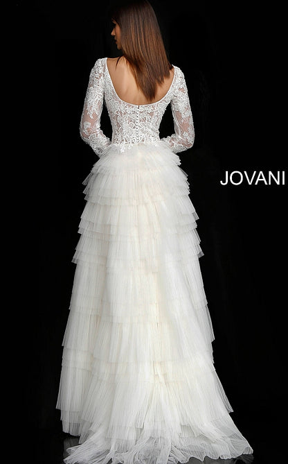 Off White Lace Long Sleeve Bodice Bridal Dress JB65932 - Elbisny