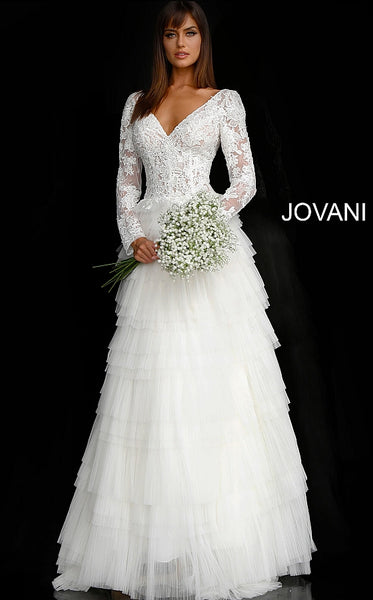 Off White Lace Long Sleeve Bodice Bridal Dress JB65932 - Elbisny