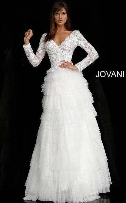 Off White Lace Long Sleeve Bodice Bridal Dress JB65932 - Elbisny