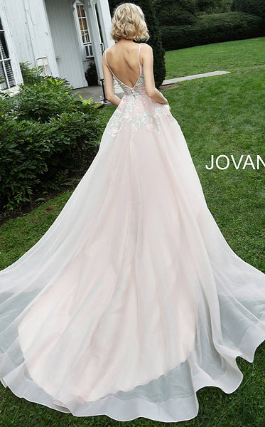Blush Embroidered V Neck Wedding Dress JB65933 - Elbisny