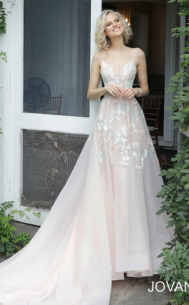 Blush Embroidered V Neck Wedding Dress JB65933 - Elbisny