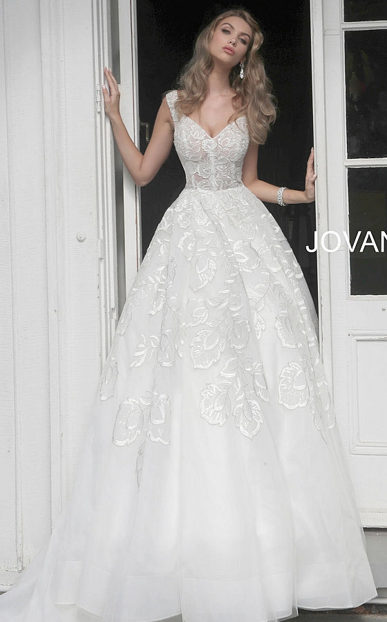 Off White Embellished V Neck Wedding Dress JB65936 - Elbisny