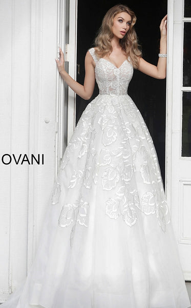 Off White Embellished V Neck Wedding Dress JB65936 - Elbisny