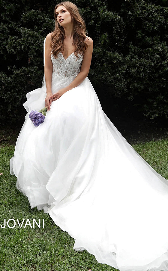 Off White Spaghetti Straps Embroidered Wedding Dress JB65937 - Elbisny