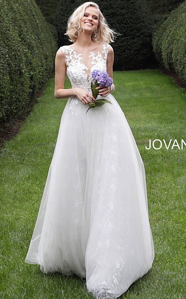 Off White Sleeveless Embroidered Bodice Wedding Dress JB68167 - Elbisny