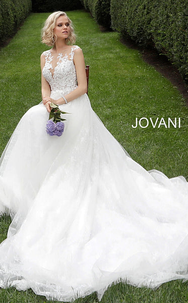 Off White Sleeveless Embroidered Bodice Wedding Dress JB68167 - Elbisny