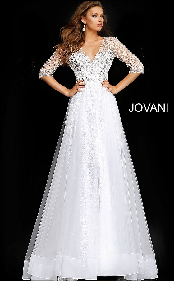 Off White Three Quarter Sleeve Embellished Wedding Gown JB68168 - Elbisny