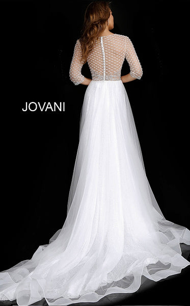 Off White Three Quarter Sleeve Embellished Wedding Gown JB68168 - Elbisny