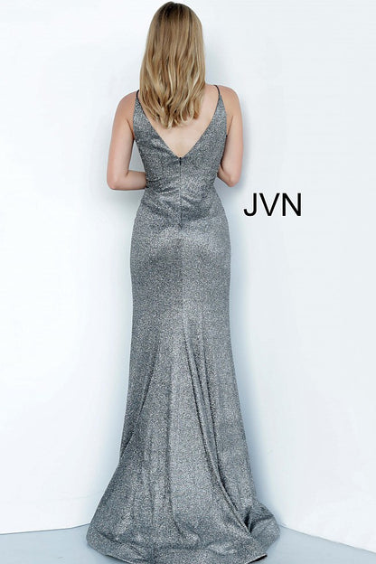 Gunmetal Metallic Plunging Neckline Prom Dress JVN2164 - Elbisny