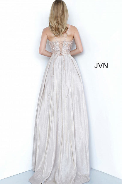 Nude Embroidered Bodice Tie Back Ballgown JVN2206 - Elbisny