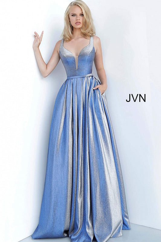 Blue Metallic Plunging Neckline Prom Ballgown JVN2229 - Elbisny