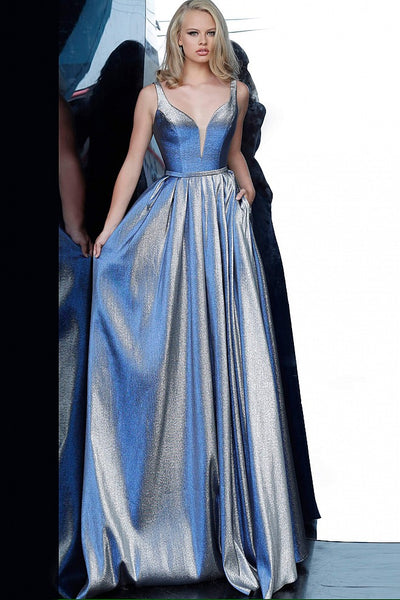Blue Metallic Plunging Neckline Prom Ballgown JVN2229 - Elbisny