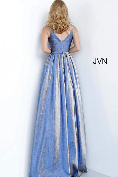 Blue Metallic Plunging Neckline Prom Ballgown JVN2229 - Elbisny