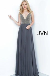 Charcoal Beaded Bodice Chiffon prom Dress JVN2574 - Elbisny