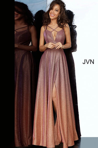 Purple Gold Plunging Neckline Maxi Prom Dress JVN4327 - Elbisny