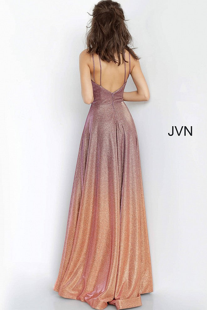 Purple Gold Plunging Neckline Maxi Prom Dress JVN4327 10 / teal/gold