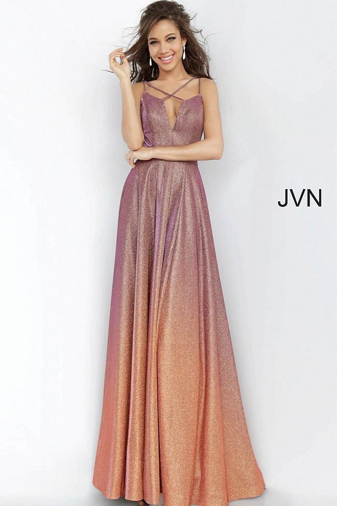 Purple Gold Plunging Neckline Maxi Prom Dress JVN4327 10 / teal/gold