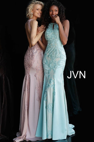 Embellished Key Hole Neck Open Back Prom Dress JVN55869 - Elbisny