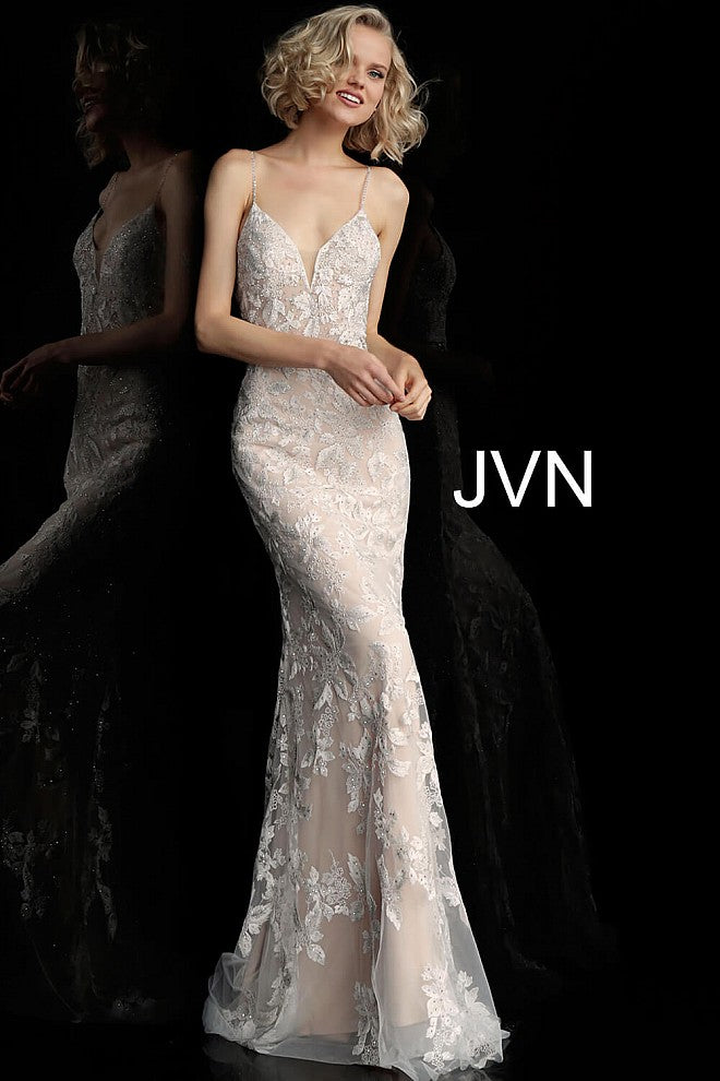 Off White Nude Spaghetti Straps Backless Prom Dress JVN62330 0 / yellow/nude