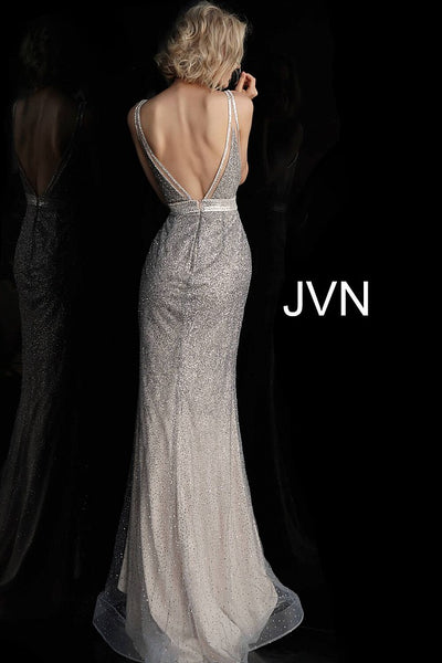Silver Nude Fitted V Neck Sleeveless Prom Dress JVN62500 - Elbisny