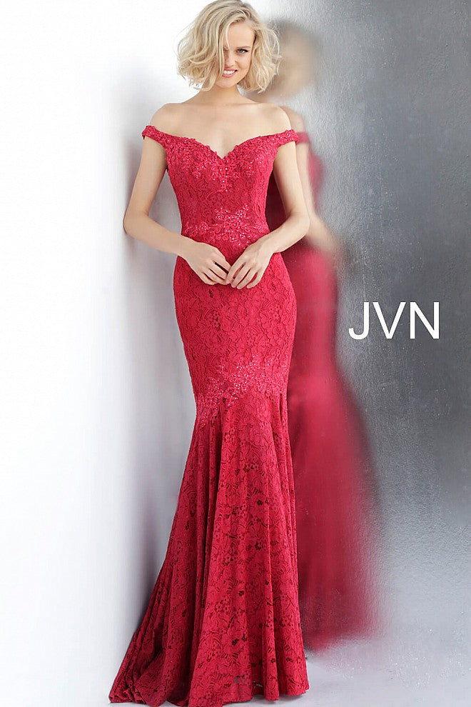 Red Embellished Off the Shoulder Lace Prom Dress JVN62564 - Elbisny