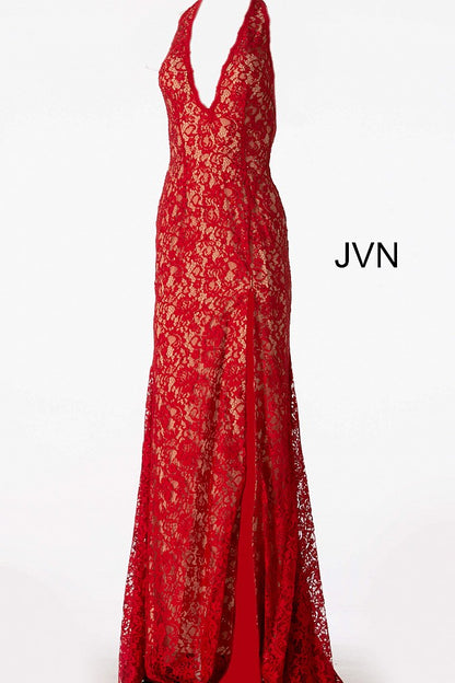 Red Halter Neck Fitted Lace Prom Dress JVN63391 - Elbisny