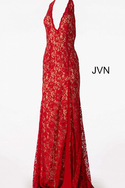 Red Halter Neck Fitted Lace Prom Dress JVN63391 - Elbisny