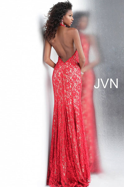 Red Halter Neck Fitted Lace Prom Dress JVN63391 - Elbisny