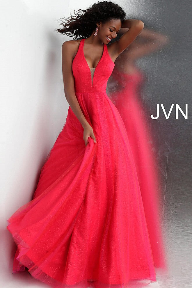 Red Plunging Neckline Sleeveless Prom Ballgown JVN66137 - Elbisny