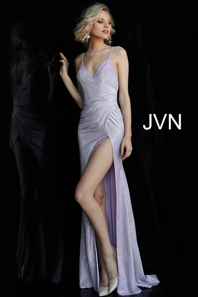 Silver Metallic V Neck High Slit Prom Dress JVN67102 - Elbisny