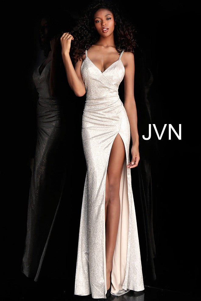 Silver Metallic V Neck High Slit Prom Dress JVN67102 - Elbisny