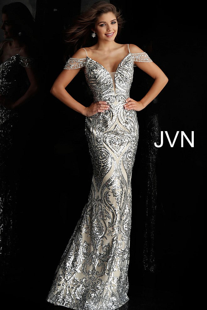 Silver Nude Off the Shoulder Plunging Neck Prom Dress JVN67256 - Elbisny
