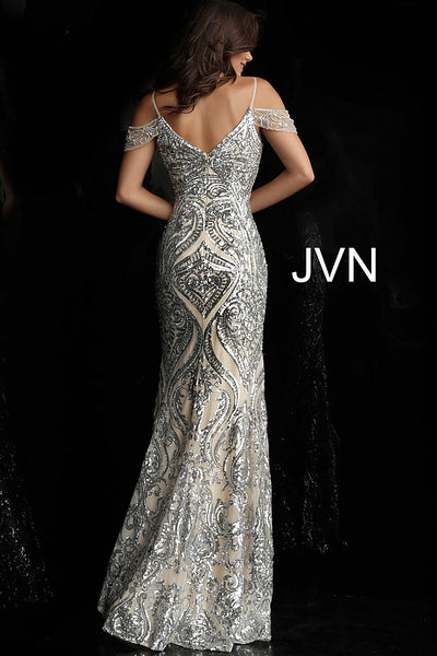Silver Nude Off the Shoulder Plunging Neck Prom Dress JVN67256 - Elbisny