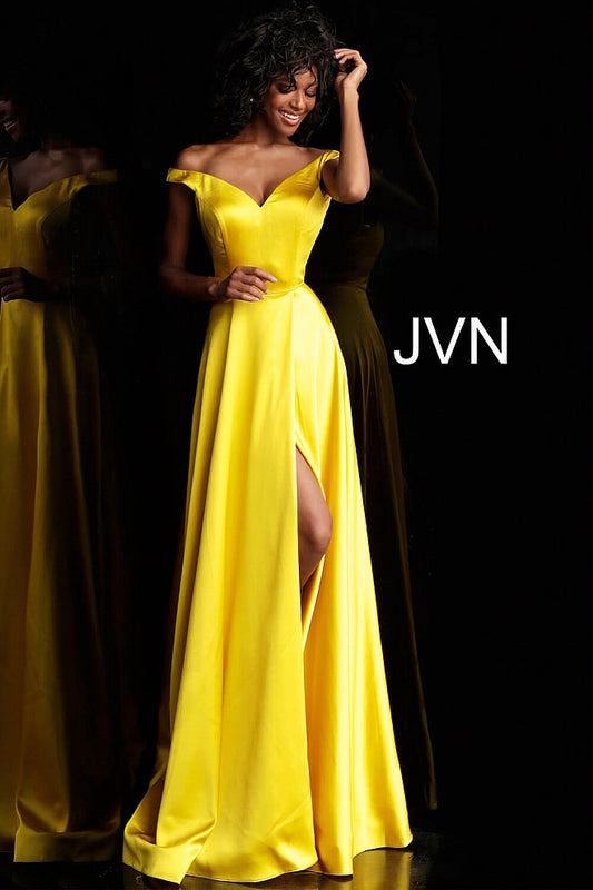 Yellow Off the Shoulder High Slit Prom Dress JVN67752 - Elbisny