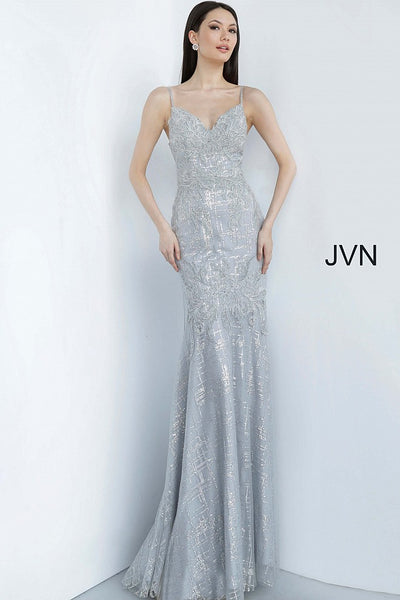 Silver Spaghetti Straps Embroidered Prom Dress JVN68134 - Elbisny