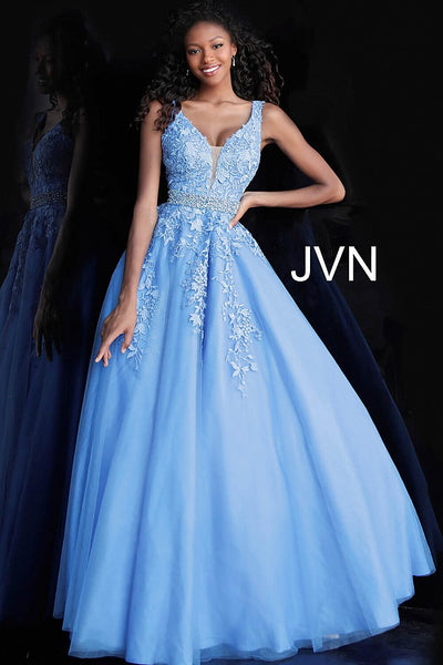 Blue Embellished Belt Prom Ballgown JVN68258 - Elbisny
