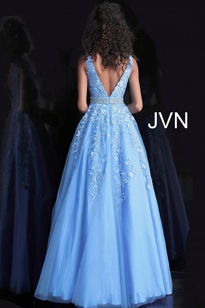 Blue Embellished Belt Prom Ballgown JVN68258 - Elbisny