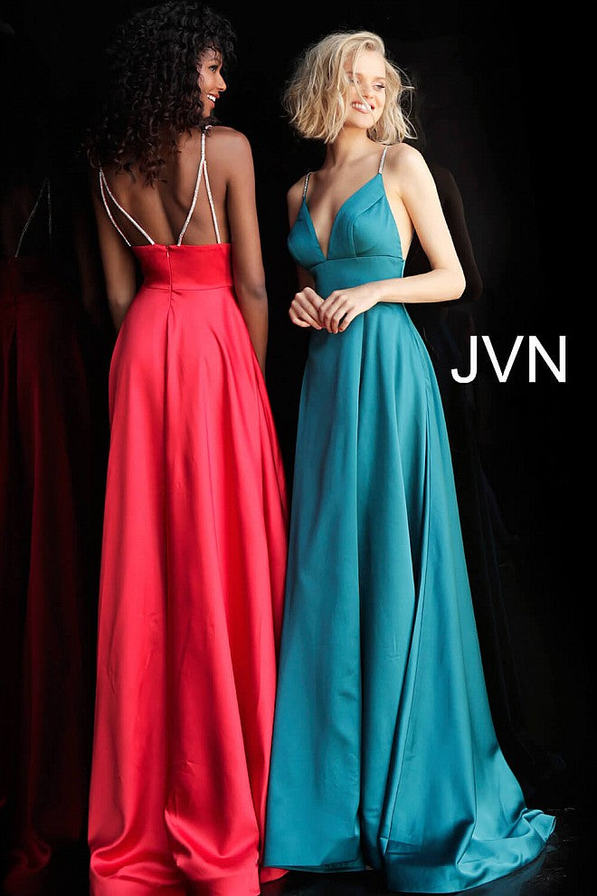 Plunging V Neck Embellished Straps A Line Prom Dress JVN68314 - Elbisny