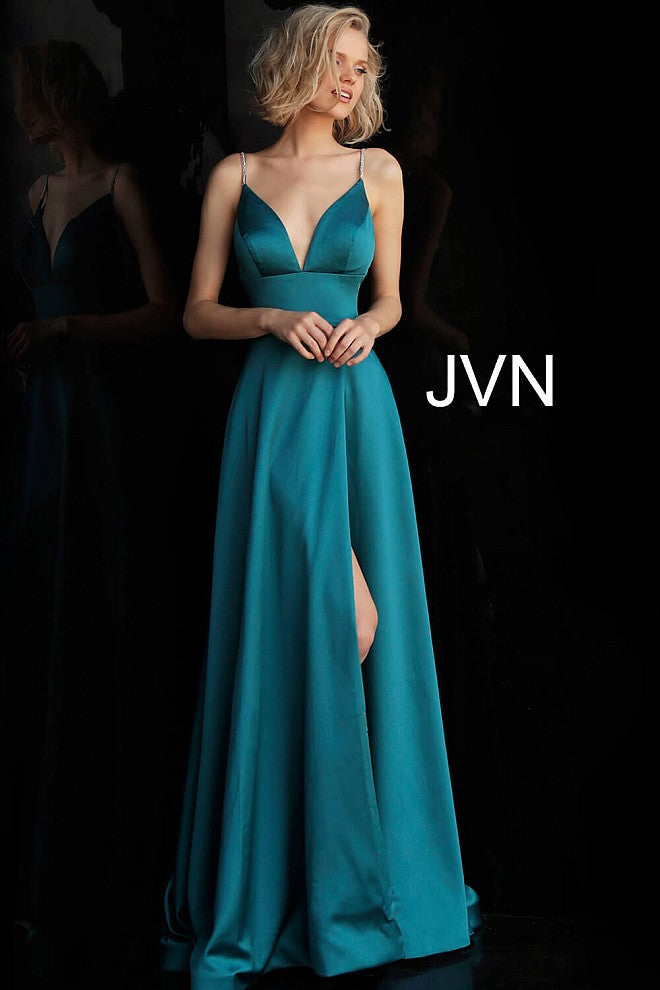 Plunging V Neck Embellished Straps A Line Prom Dress JVN68314 - Elbisny